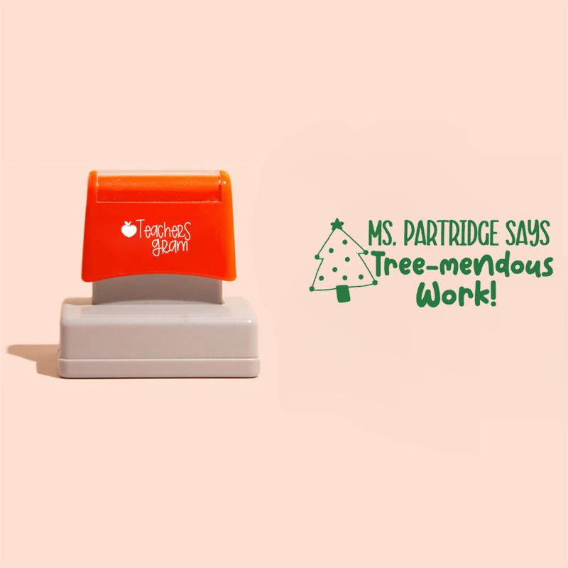 Personalized Name Says Tree-mendous Work Teacher Rectangle Stamp