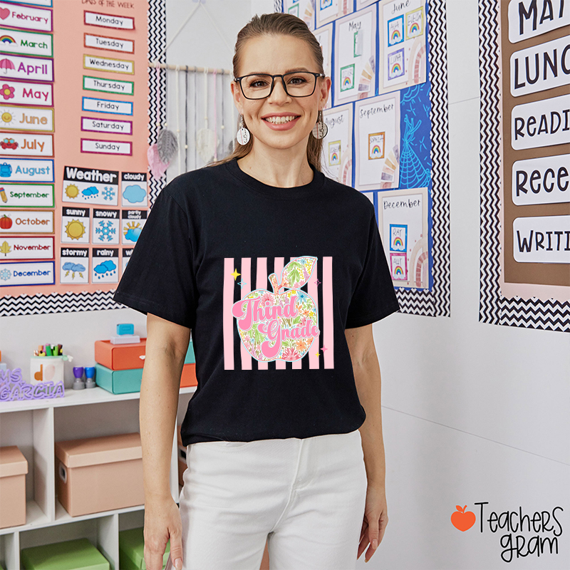 Personalized Text Preppy Stripes Floral Apple Teacher T-Shirt