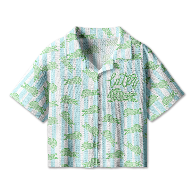 After While Crocodile Girly Preppy Boutique Teacher Crochet Crop Camp Shirt