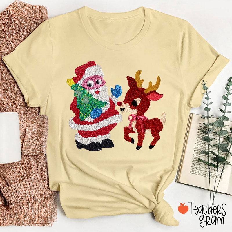 Santa And Rudolph Faux Melted Plastic Teacher T-Shirt