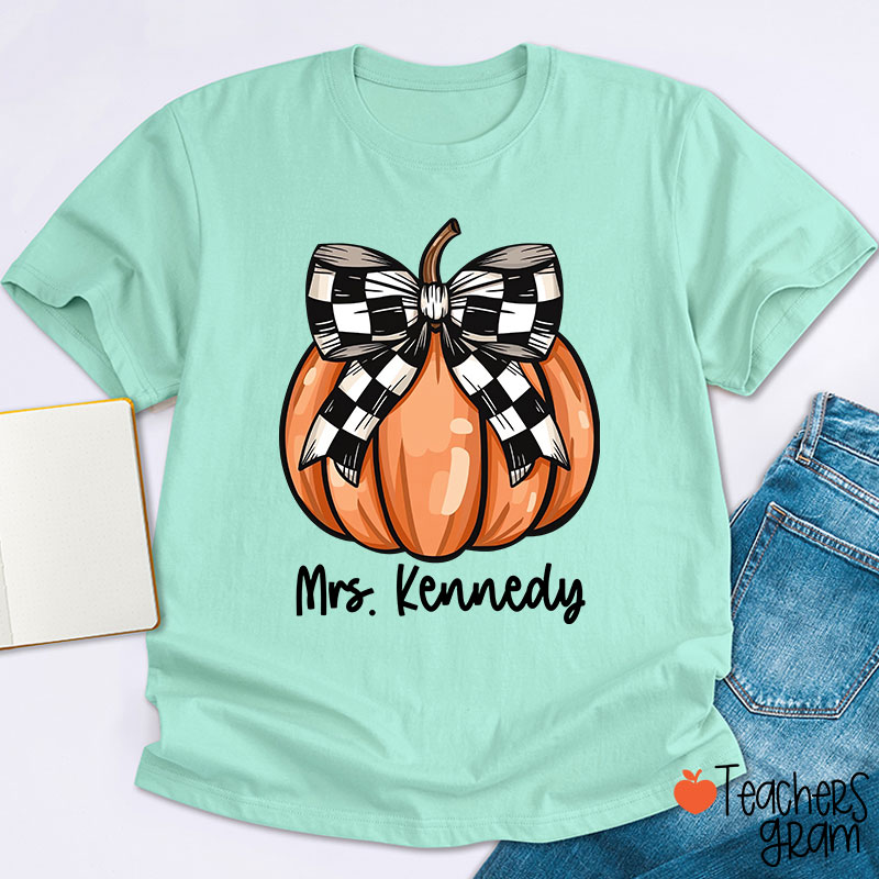 Personalized Name Pumpkin Bow Teacher T-Shirt