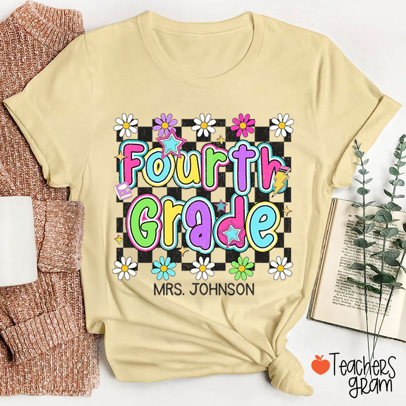 Personalized Name And Grade Checkered Flowers Teacher T-Shirt