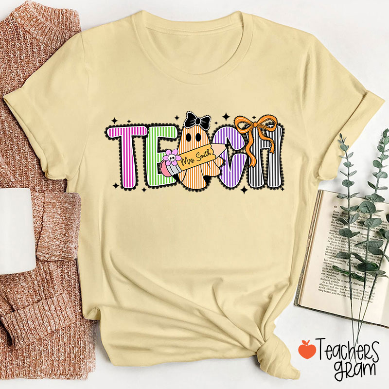 Personalized Name Preppy Teach Boo Ghost Coquette Teacher T-Shirt