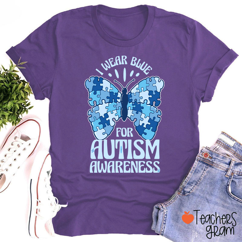Butterfly Puzzle I Wear Blue For Autism Awareness Teacher T-Shirt