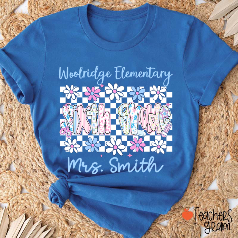 Personalized Name Grade And School Name Checkered Flowers Teacher T-Shirt