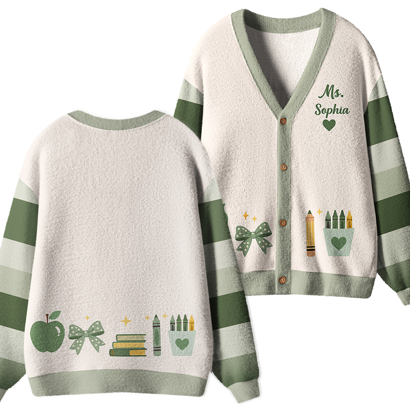Personalized Name Apple Book Pencil Teacher Ugly Cardigan Sweaters
