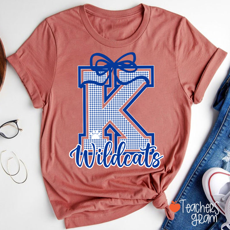 Personalized Mascot Gingham Varsity Coquette Bow Teacher T-Shirt