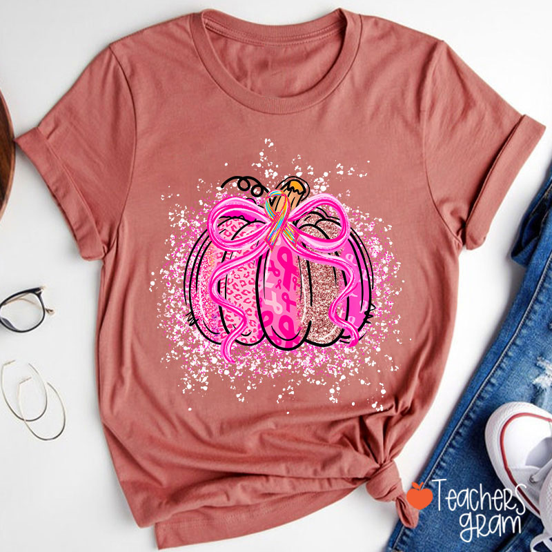 Pumpkin Theme Pink Ribbon Teacher T-Shirt