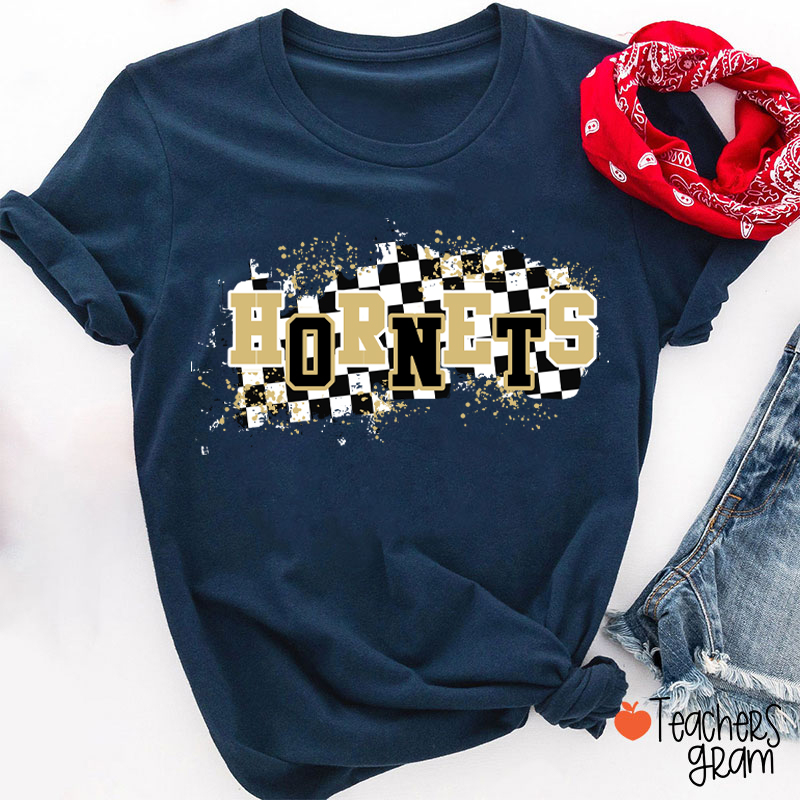 Personalized Mascot School Spirit Checkered Print Teacher T-Shirt