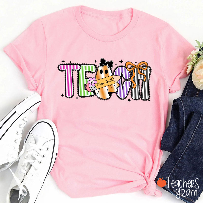Personalized Name Preppy Teach Boo Ghost Coquette Teacher T-Shirt