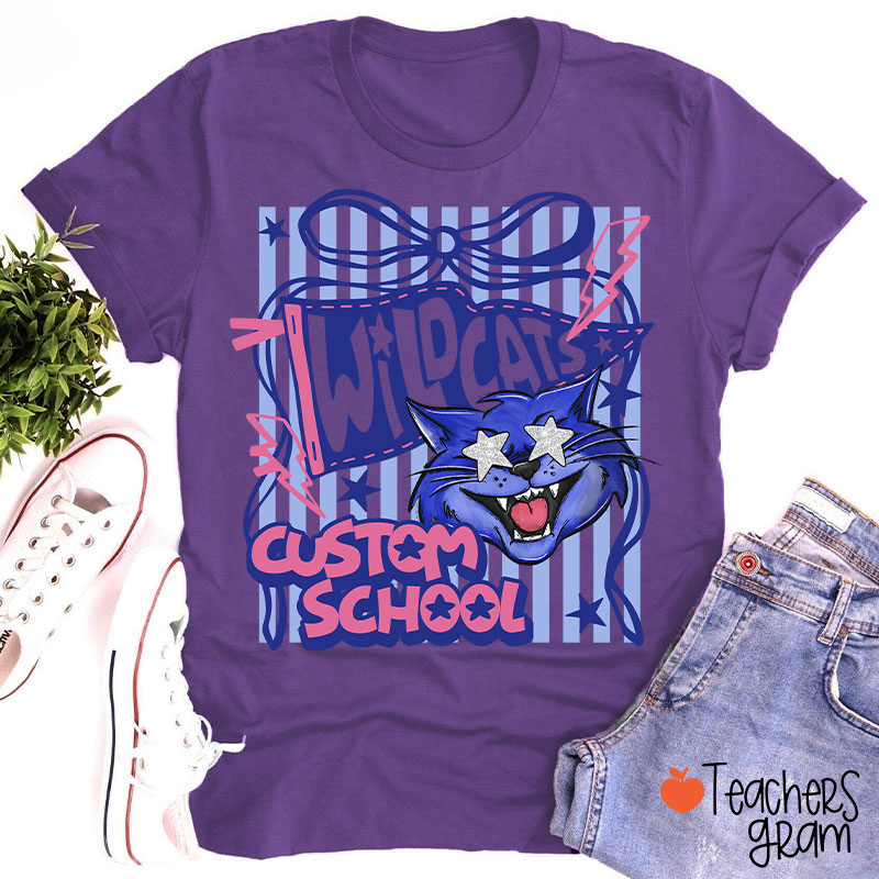 Personalized Mascot Coquette Bow Striped Teacher T-Shirt