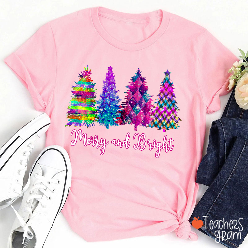 Merry And Bright Colorful Christmas Tree Teacher T-Shirt
