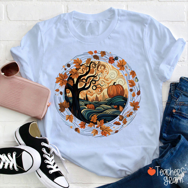 Cottagecore Pumpkins Leaves Trees Fall Vibe Teacher T-Shirt