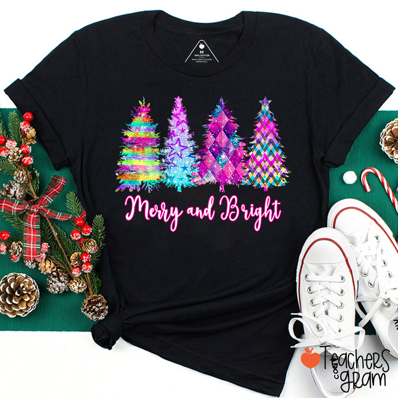 Merry And Bright Colorful Christmas Tree Teacher T-Shirt