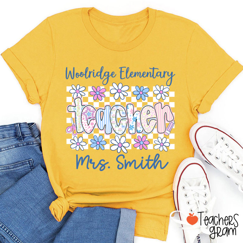 Personalized Name Grade And School Name Checkered Flowers Teacher T-Shirt