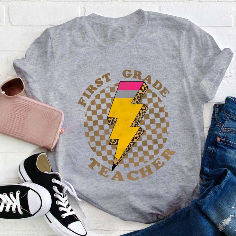 Personalized Grade Pencil Lighting Teacher T-Shirt