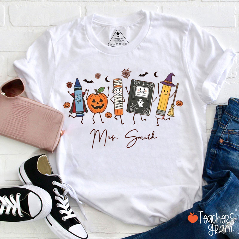 Personalized Name Halloween School Supply Cartoon Character Teacher T‑Shirt