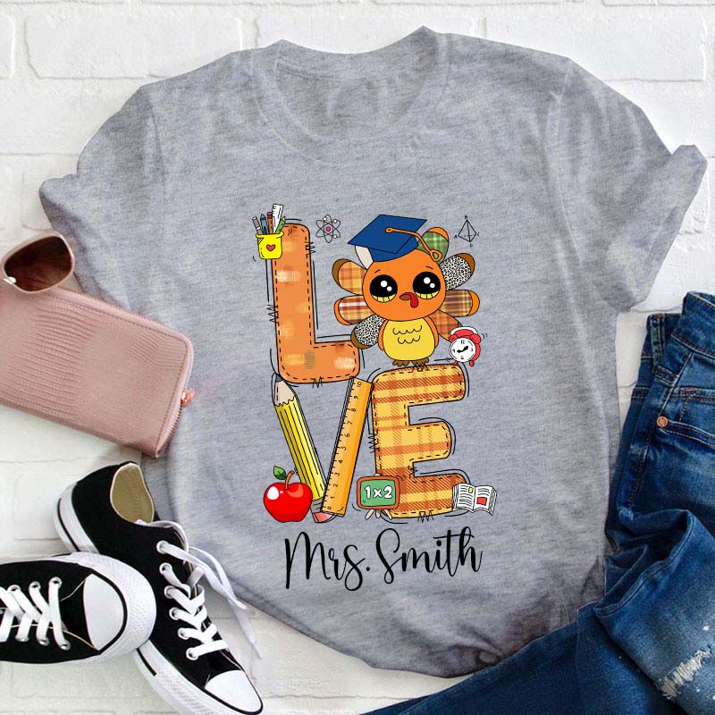 Personalized Name Thankful Cute Turkey Teacher T-Shirt