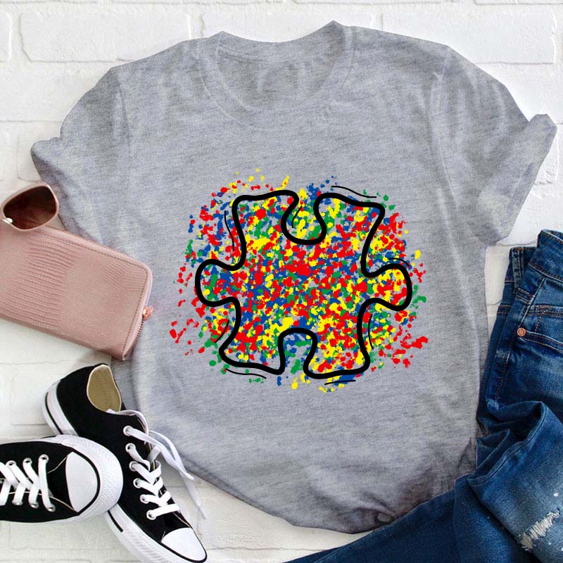 Colorful Autism Puzzle Piece Teacher T-Shirt