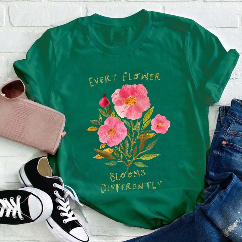 Every Flower Blooms Differently Neurodiversity Teacher T-Shirt