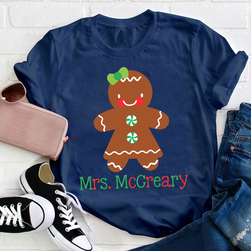 Personalized Name Cute Christmas Gingerbread Teacher T-Shirt