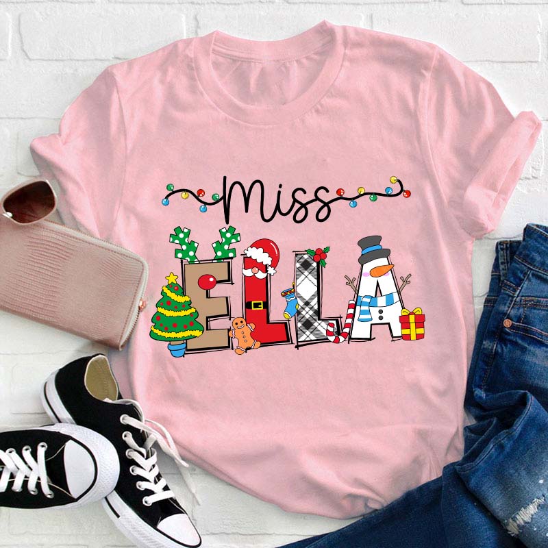 Personalized Name Cute Christmas Elements Teacher T-Shirt