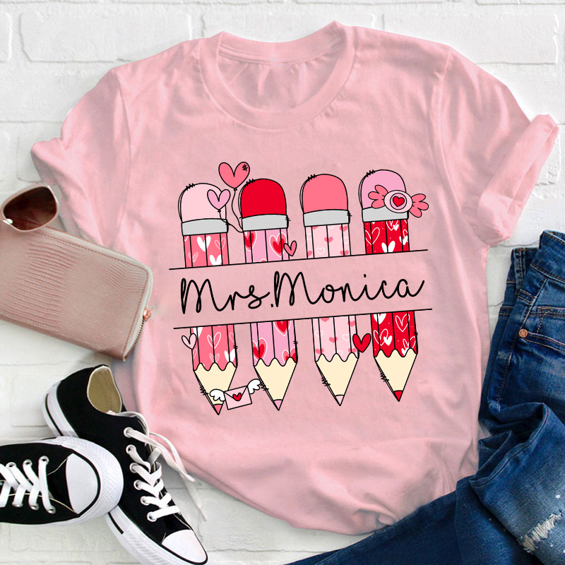 Personalized Pink Pencil Name Teacher T-Shirt