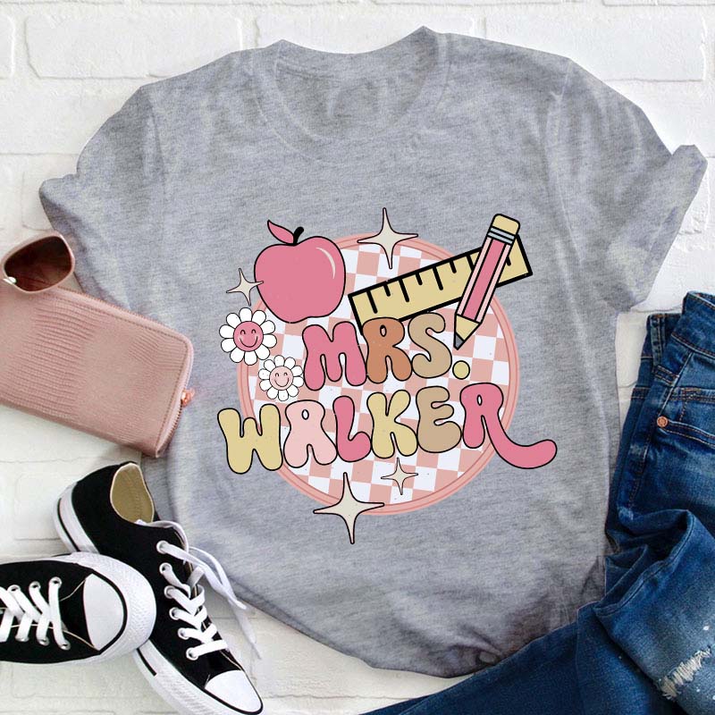 Personalized Pink Checkerboard Teacher T-Shirt