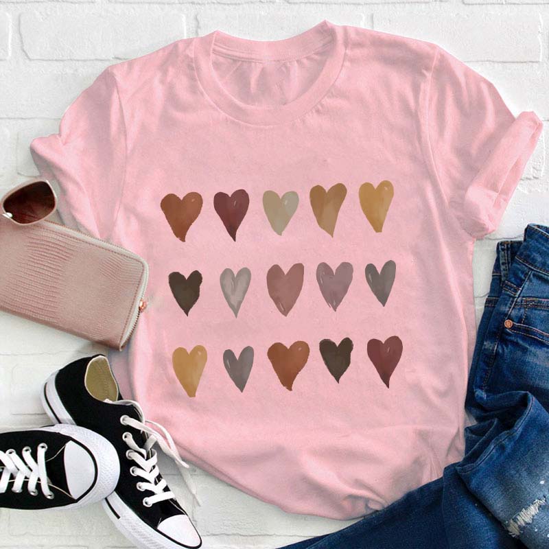 Skin Tone Kindness Watercolor Hearts Teacher T-Shirt
