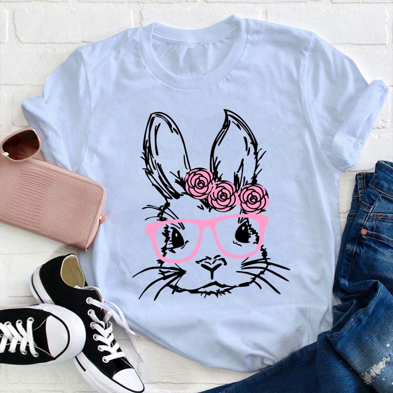 Bunny With Pink Glasses Teacher T-Shirt