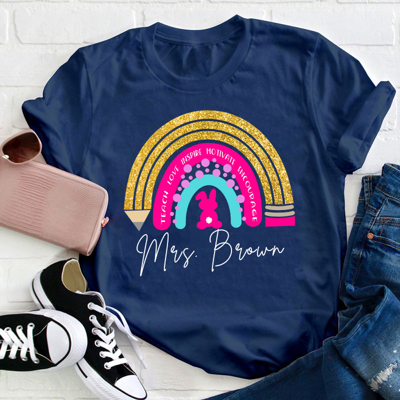 Personalized Name Easter Bunny Rainbow Teacher T-Shirt