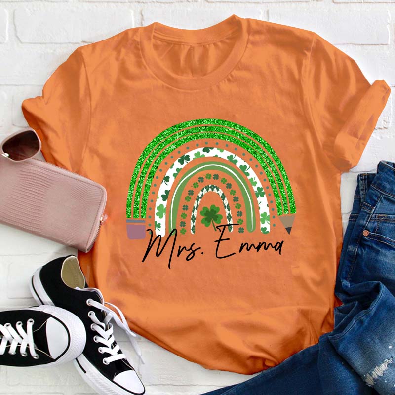Personalized Green Rainbow Pencil Name Teacher T-Shirt