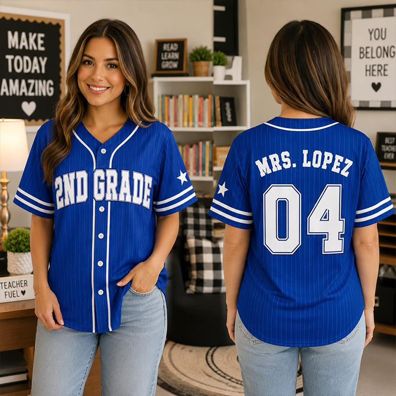Personalized Grade Number Print Pinstriped Teacher Baseball Jersey