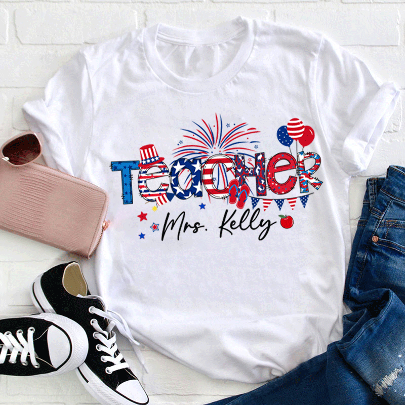 Personalized Name Flag Fireworks Balloon Teacher T-Shirt Sale-Teachersgram