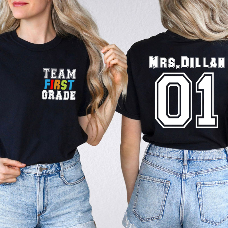 Personalized Retro Team Grade Teacher Two Sided T-Shirt