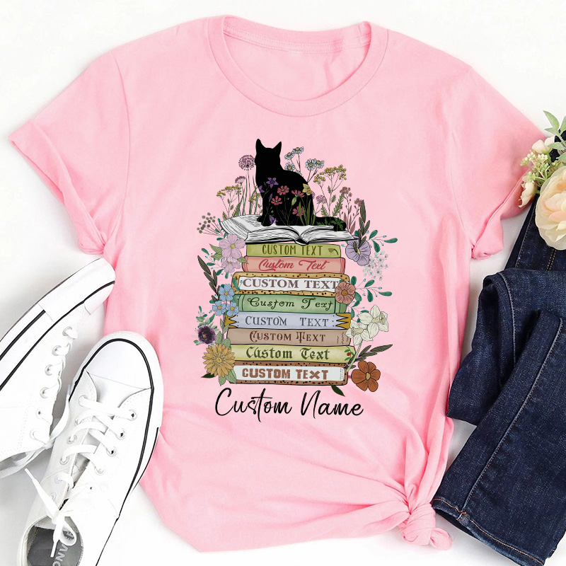 Personalized Vintage Floral Cat Books Teacher T-Shirt