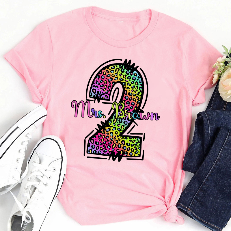 Personalized Colorful Leopard Grade And Name Teacher T-Shirt