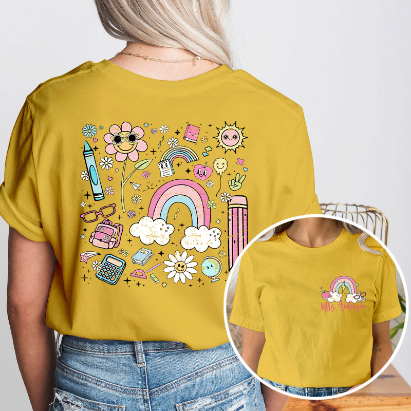 Personalized Pink Rainbow Cute Icon Teacher Two Sided T-Shirt