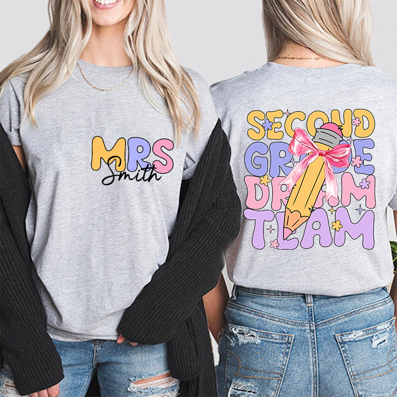 Personalized Teacher's Name And Grade Bow Pencil Print Teacher Two Sided T-Shirt