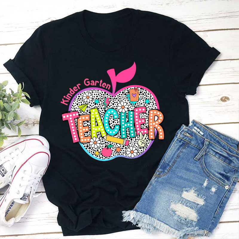 Personalized Neon Leopard Apple Grade Teacher T-Shirt