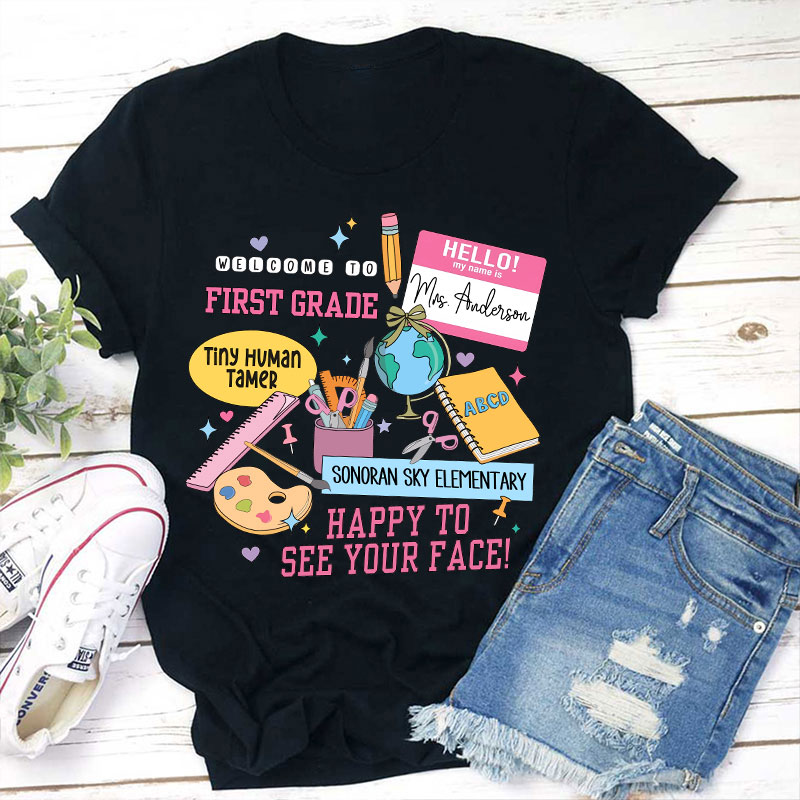 Personalized Teacher's Name School Name And Grade School Supplies Icon Teacher T-Shirt