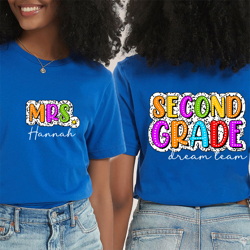 Personalized Retro Dot Neon Lights Grade And Name Teacher Two Sided T-Shirt