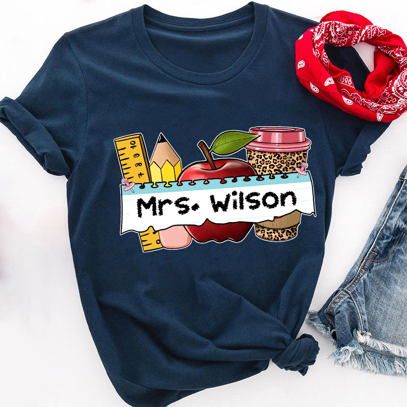 Personalized Name Apple Coffee School Supplies Teacher T-Shirt