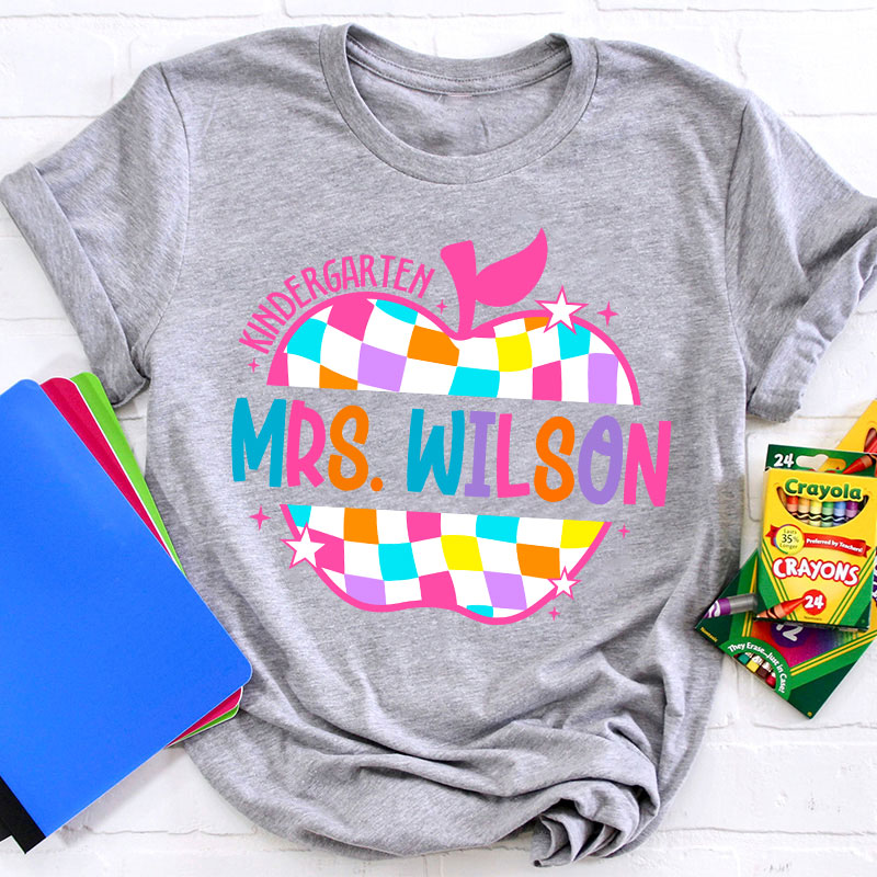 Personalized Colorful Checkerboard Hollow Apple Teacher T-Shirt