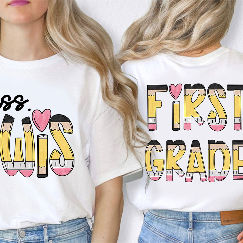 Personalized Teacher's Name And Grade Cartoon Pencil Font Design Teacher Two Sided T-Shirt