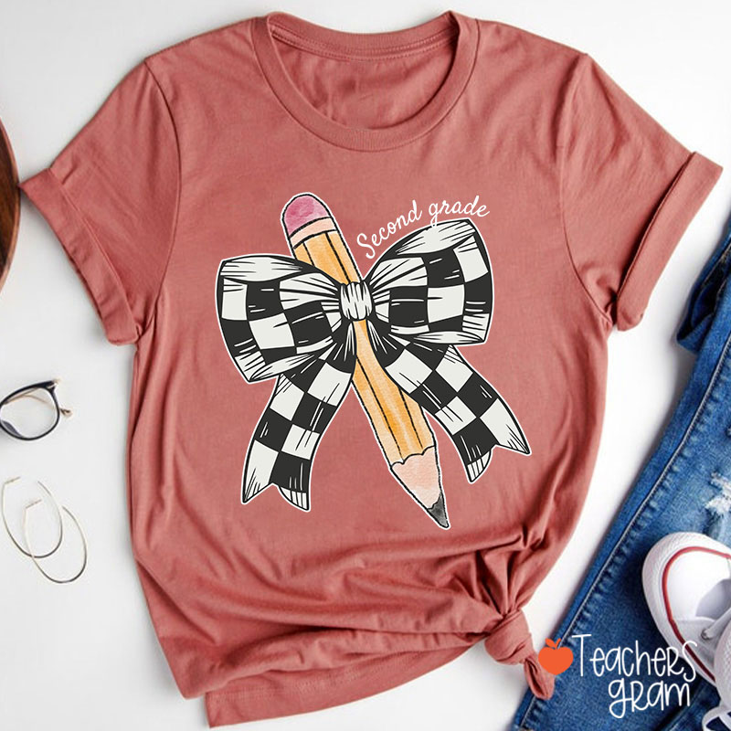 Personalized Grade Checkered Bow Pencil Teacher T-Shirt