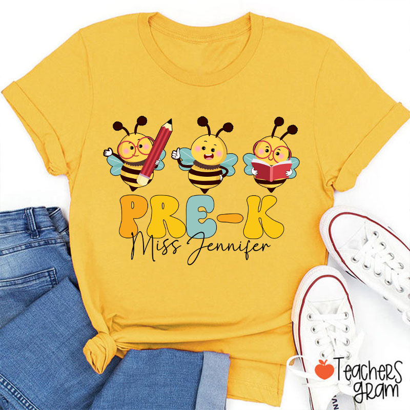 Personalized Cute Bee Name And Grade Teacher T-Shirt
