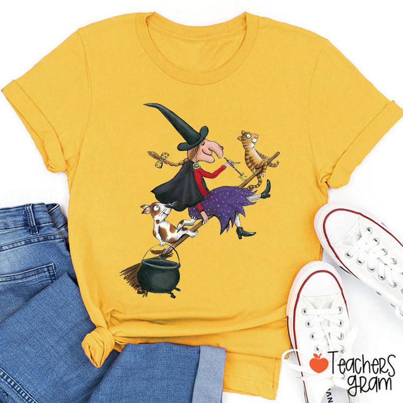 Witch Dog Cat Dark Gothic Halloween Teacher T-Shirt