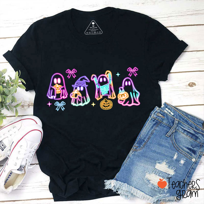 Colorful Neon Ghost Pumpkin Teacher T-Shirt