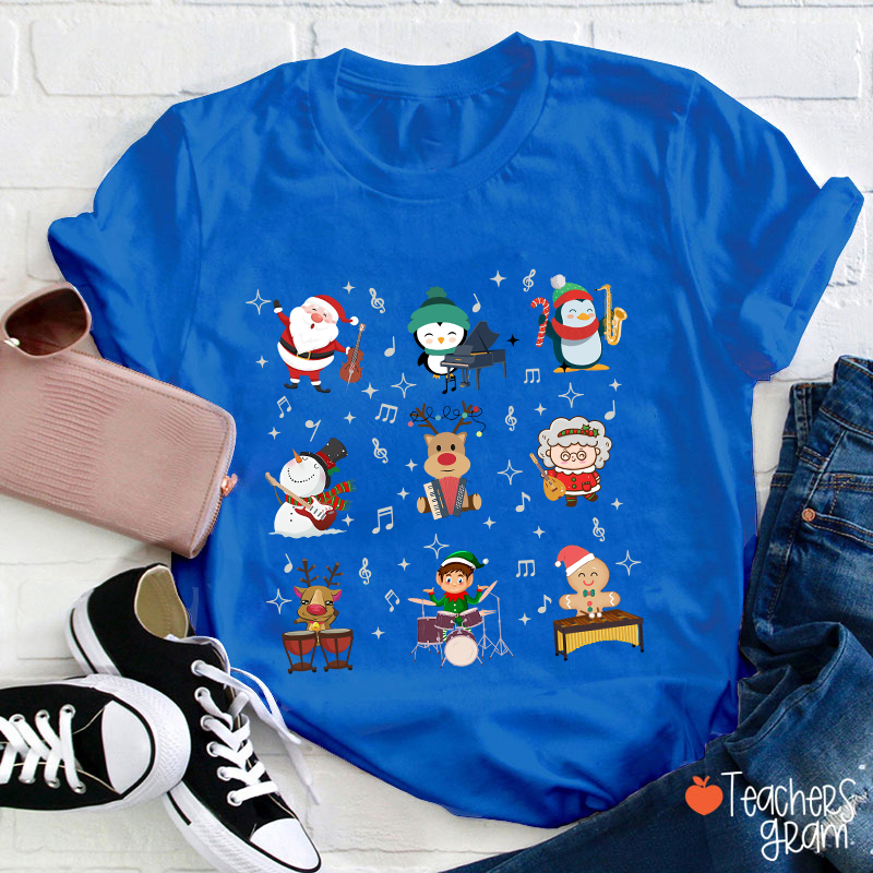 Cute Christmas Cartoons Playing Musical Instruments TeacherT-Shirt